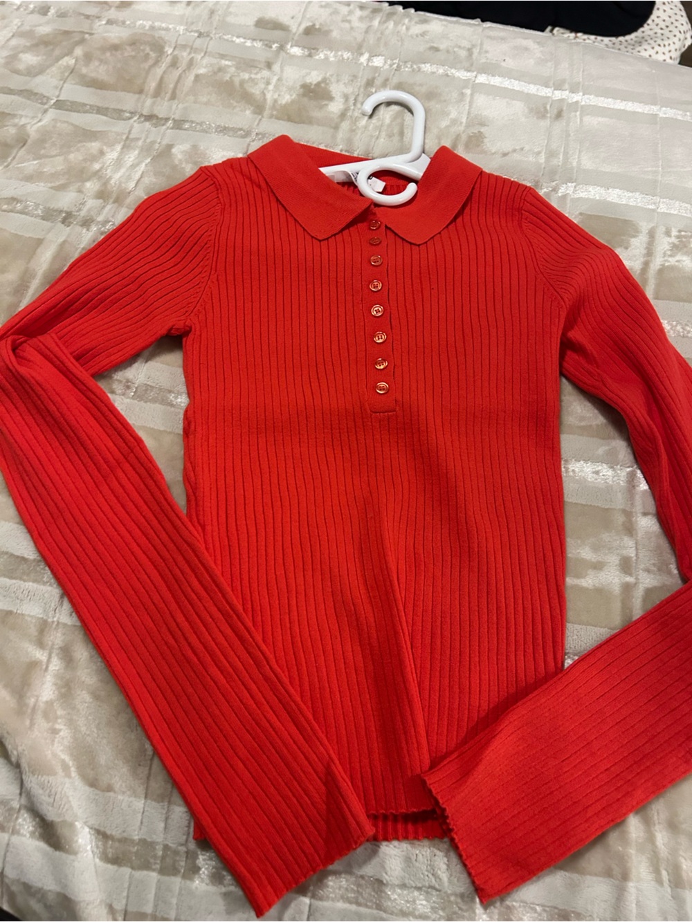 Double Zero Ribbed Polo Button-Up Long Sleeve Top - Bright Red
